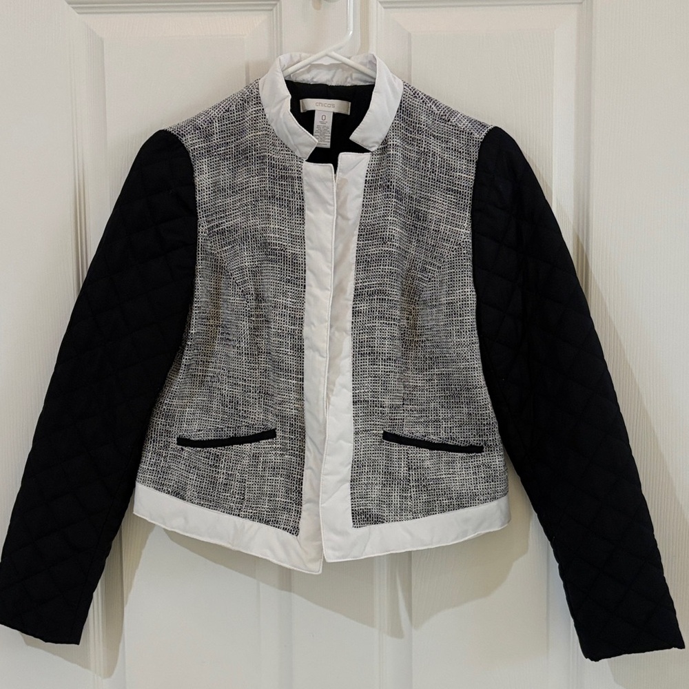 Chico's Black Quilted Sleeve Tweed-Front Jacket with White Trim